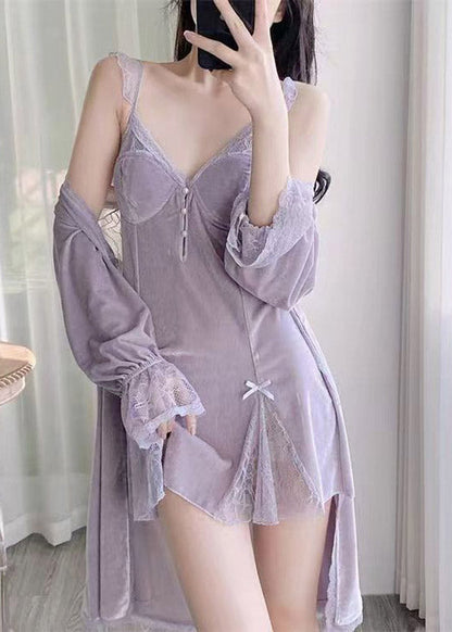 Purple V Neck Patchwork Silk Velour Blended Cardigans and Slips Lingerie Sets