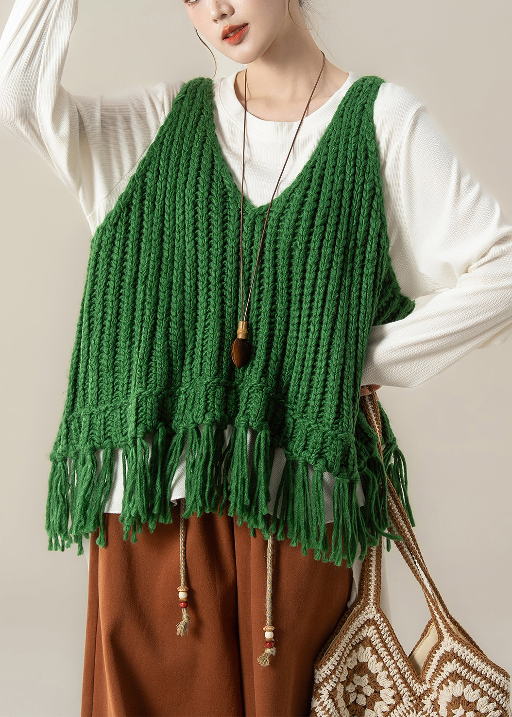 Green V Neck Tasseled Knit Vest and White Cotton T Shirt Two Pieces Set Fall