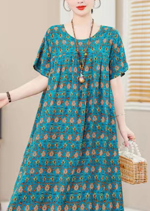 Blue O-neck Print Holiday Long Dress Short Sleeve