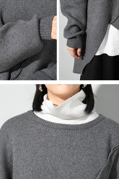 O-neck Knitted Irregular Hem Pure Color Sweater