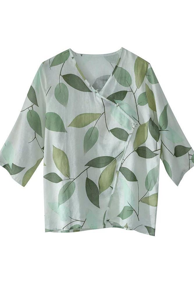 Green Print Cotton Linen Summer Tops Loose Blouse