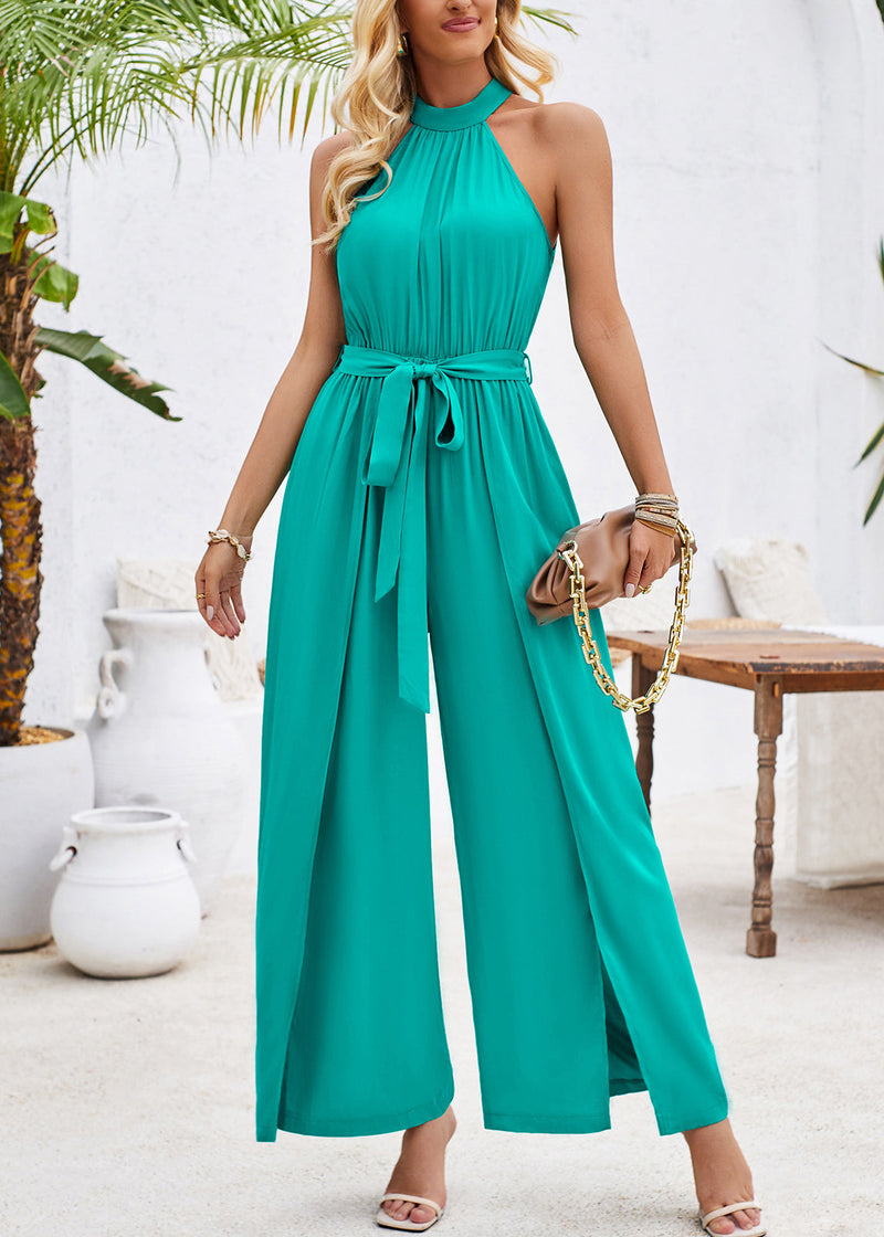 Stylish Green Side Open Tie Waist Cotton Jumpsuit Sleeveless