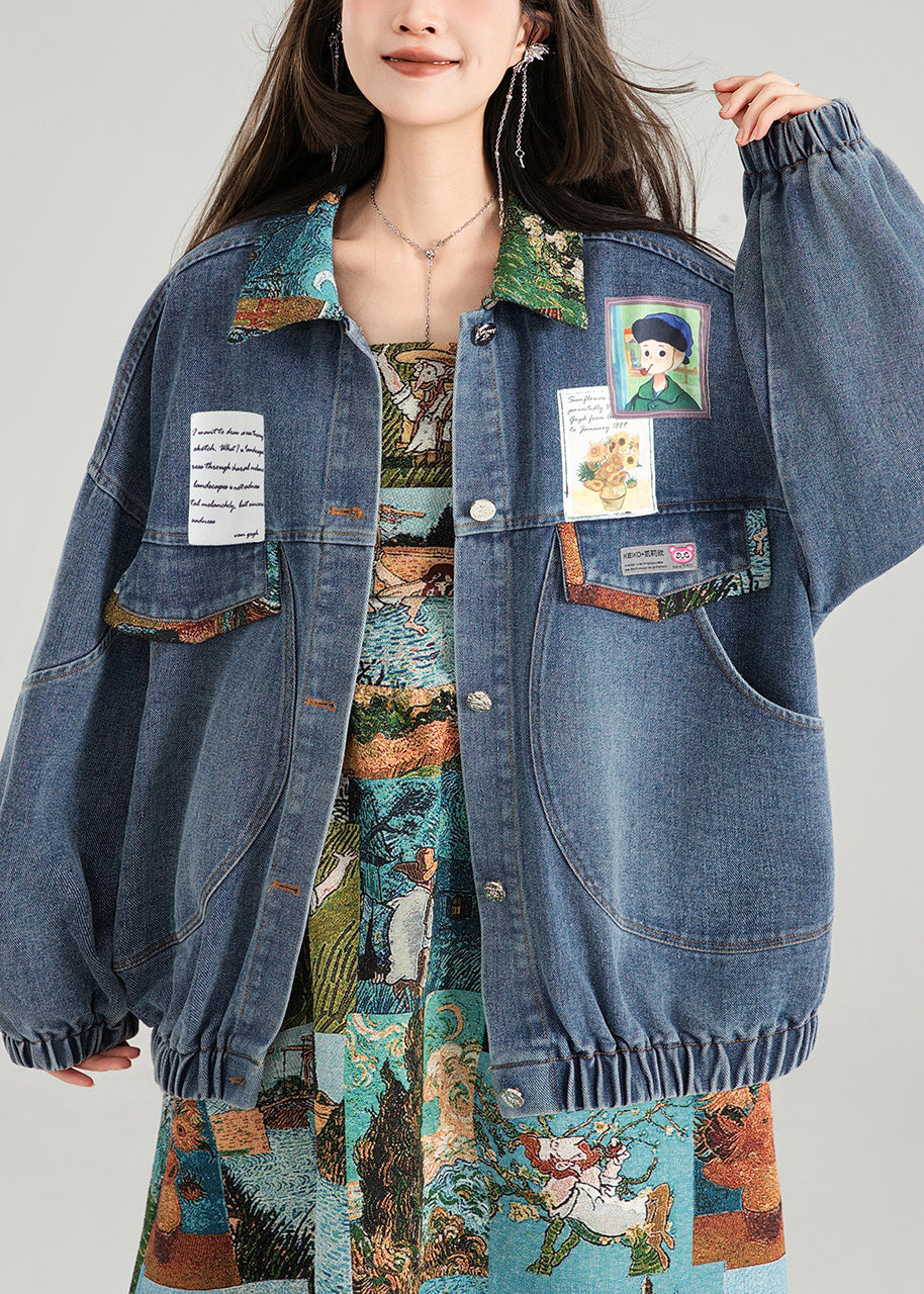 Loose Blue Bow Button Patchwork Denim Coat Spring
