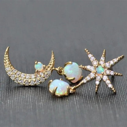 Moon and Star Earrings Made of Gold and Opal