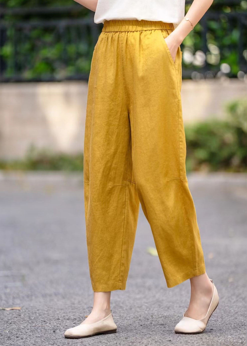 Yellow Oversized Pockets Linen Crop Pants Summer