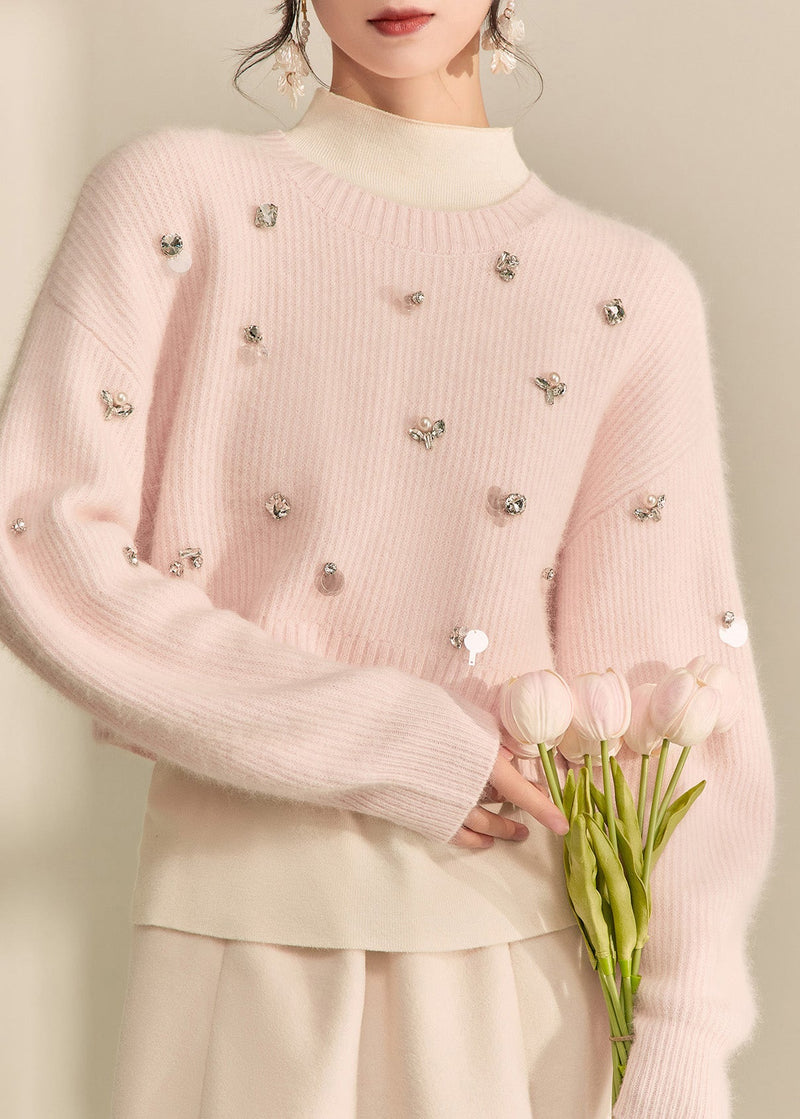 Pink O-neck Nail Bead Cotton Knit Short Sweater Spring