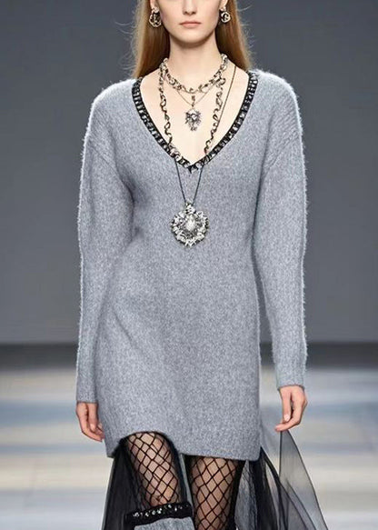 Grey Patchwork Tulle Knitwear Dress Hollow Out Winter