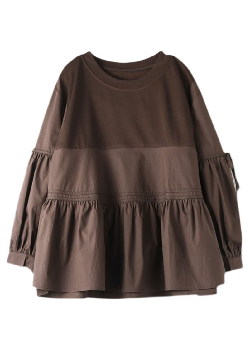 Chocolate O-neck Patchwork Wrinkled Cotton Top Long Sleeve