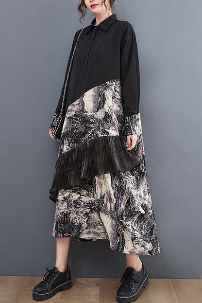 Spring Stitching Print Ruffled Long Dress