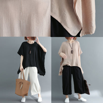 New Khaki Midi-length Cotton Linen T Shirt Loose Fitting Cardigans Short Sleeve O Neck Linen Blouses