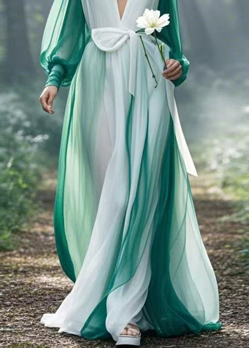 Colorblock V Neck Tie Waist Chiffon Maxi Dresses Spring