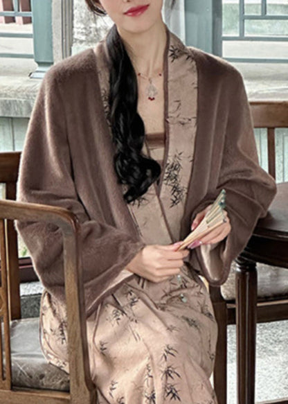 Coffee V Neck Print Patchwork Leather and Fur Coat Winter