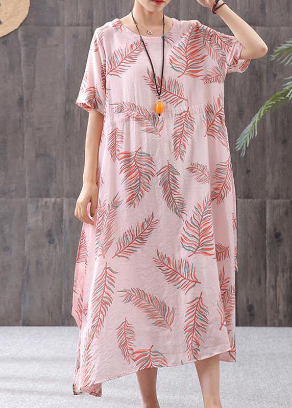 French Linen Clothes for Cotton Linen Print Round Neck Dress