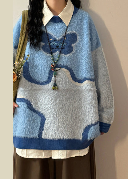 Blue Asymmetrical Fluffy Patchwork Knit Sweaters
