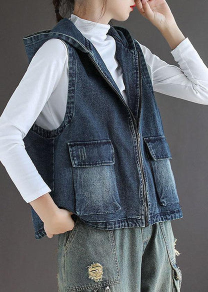 Blue Denim Zippered Pockets Fall Sleeveless Waistcoat