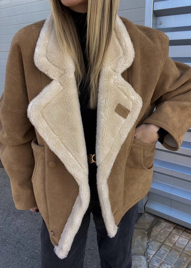Khaki Peter Pan Collar Pockets Patchwork Fleece Wool Lined Coat Winter