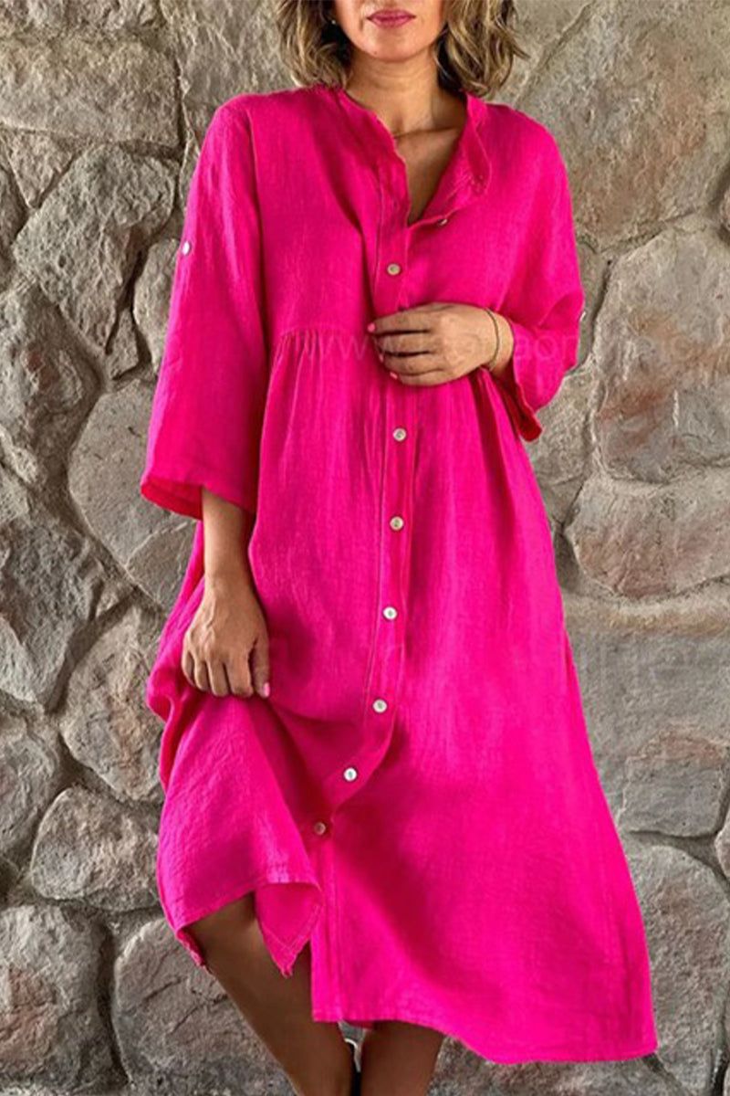 New Seven-quarter Sleeve Cotton and Linen Color Collar Buttons Long Dresses