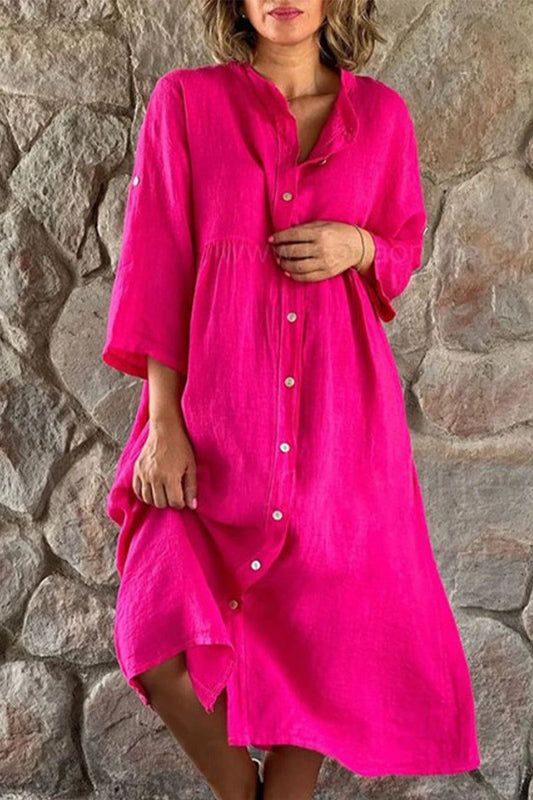 New Seven-quarter Sleeve Cotton and Linen Color Collar Buttons Long Dresses