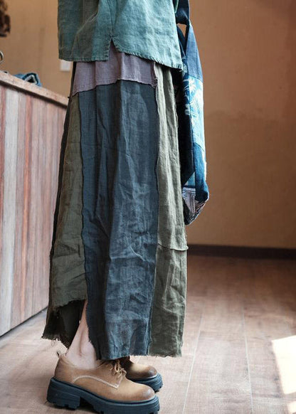 Asymmetrical Patchwork Elastic Waist Linen a Line Skirt Summer