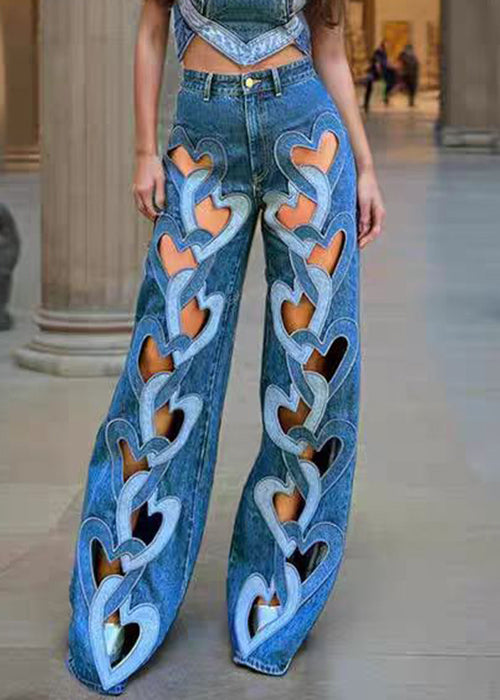 Blue Hollow Out High Waist Denim Pants Spring
