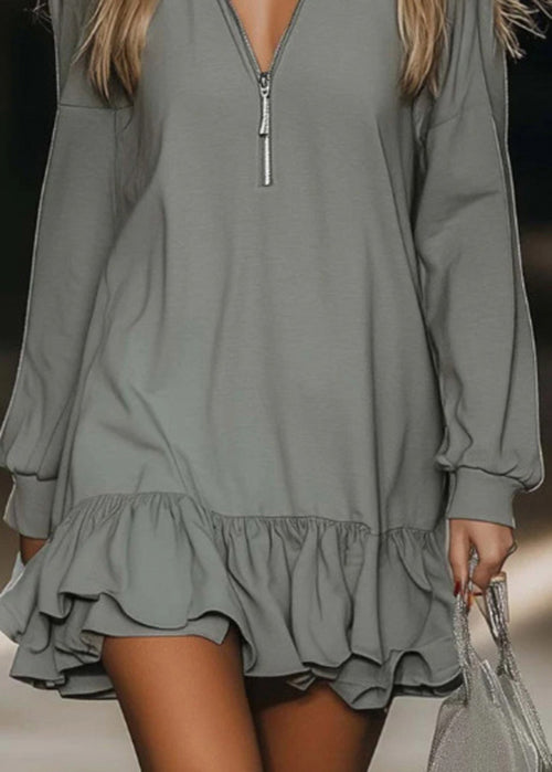 Boutique Grey Ruffled Patchwork Cotton Mid Dresses Fall