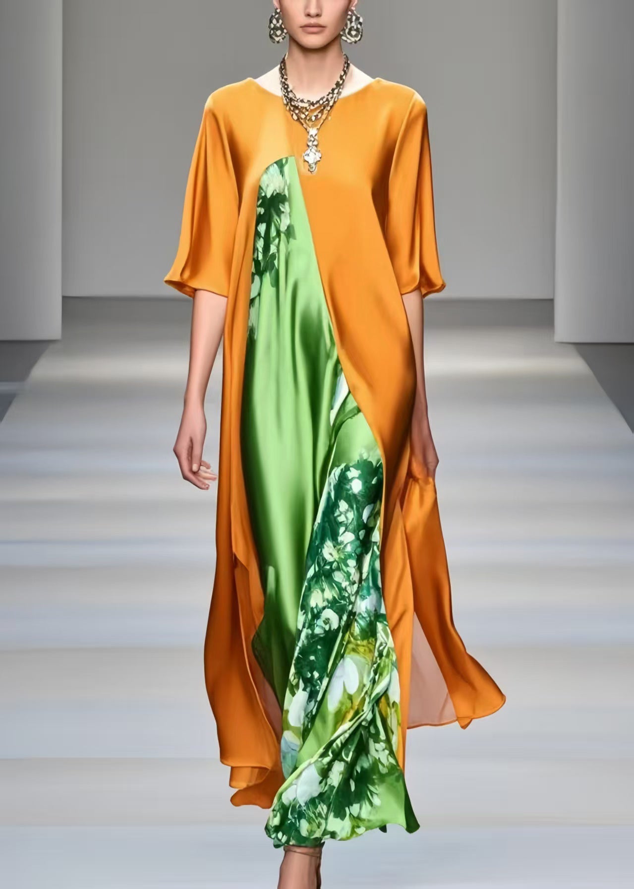Orange Oversized Patchwork Silk Dresses Half Sleeve
