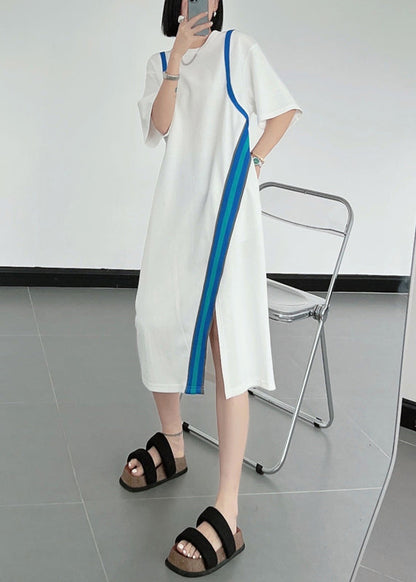 Natural Black O-neck Asymmetrical Patchwork Cotton Dresses Summer
