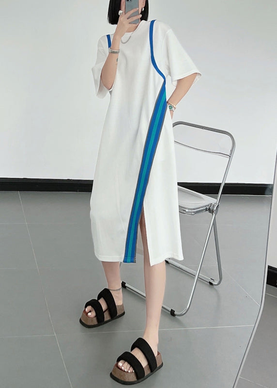 Natural Black O-neck Asymmetrical Patchwork Cotton Dresses Summer