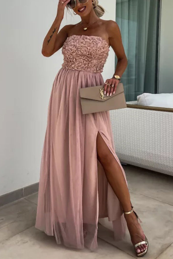 Romance and Lightness Tulle Texture Pleated Patchwork Strapless Slit Maxi Dress