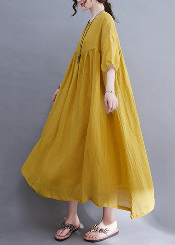 Yellow O-neck Wrinkled Maxi Dress Half Sleeve