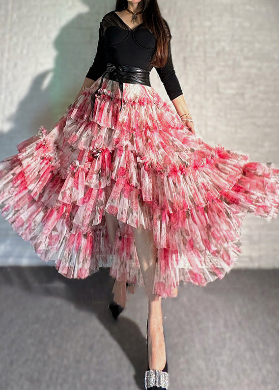 Red Asymmetrical Print Chiffon Skirt Spring