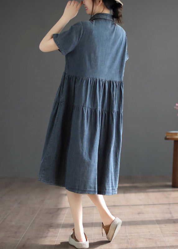 Retro Blue Patchwork Silk Vacation Denim Long Shirt Dresses Summer