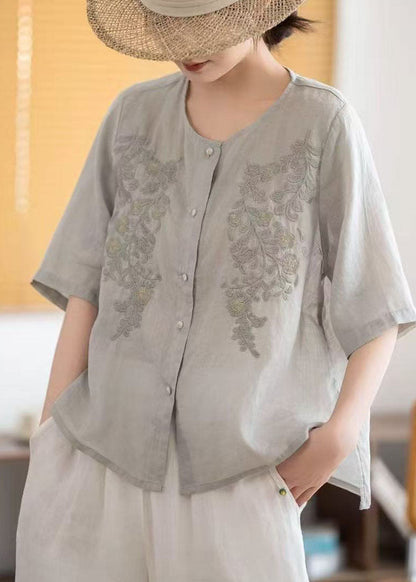 Grey Embroidered Linen Tops Half Sleeve