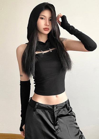 Spicy Girl Khaki Spliced Hooded Hollow Short Top
