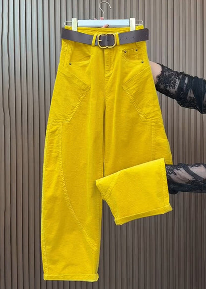 Yellow Pockets High Waist Corduroy Wide Leg Pants Fall