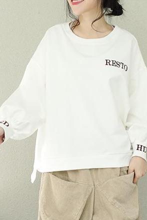 Loose Pure Color Print Cotton Fleece Tops