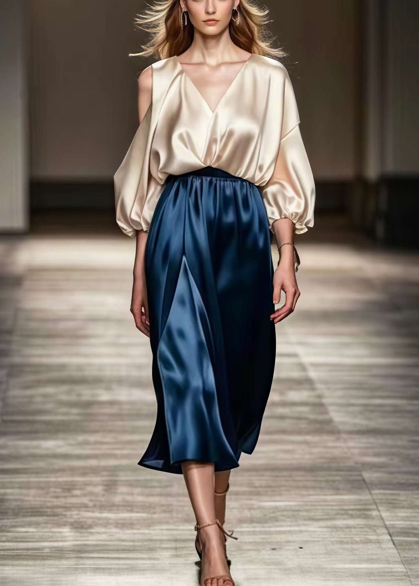 Champagne One Shoulder Patchwork Silk Dresses Spring