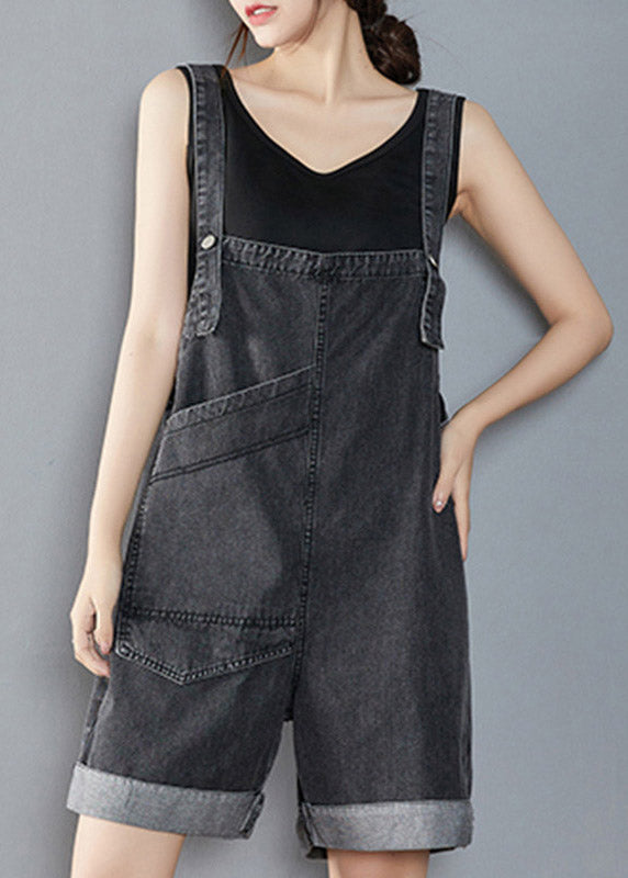 Handmade Black Asymmetrical Patchwork Pockets Denim Jumpsuit Sleeveless