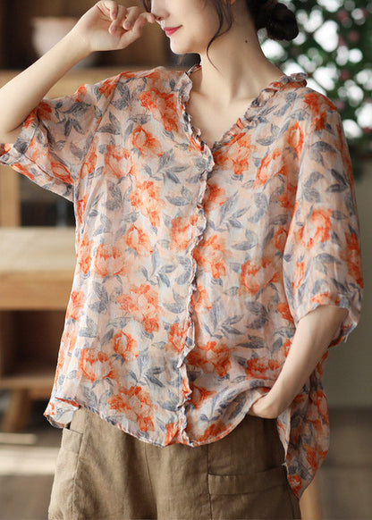 V Neck Print Ruffled Linen Tops Half Sleeve