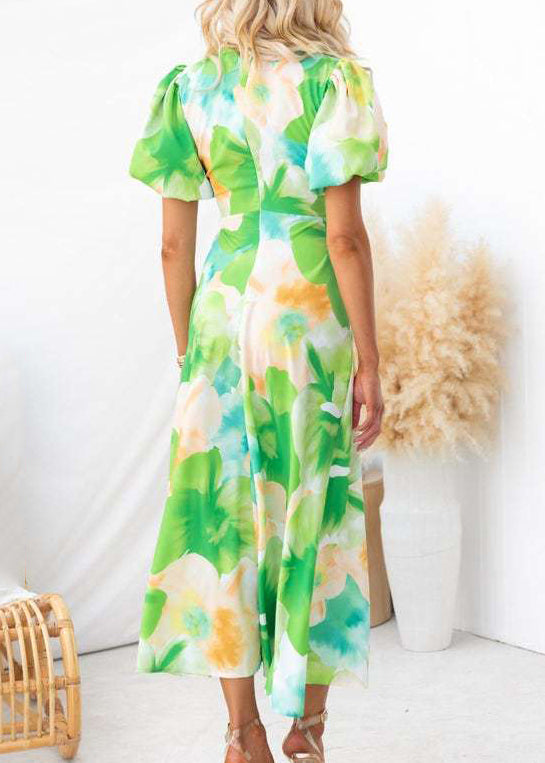 Green V Neck Puff Sleeve Print Hollow Out Cotton Long Dresses
