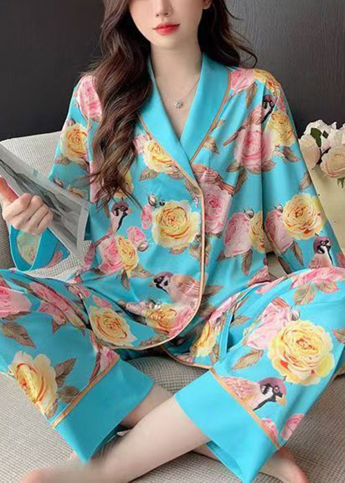 Blue Roses Print Blouses and Pants Ice Silk Pajamas Two Pieces Set Spring