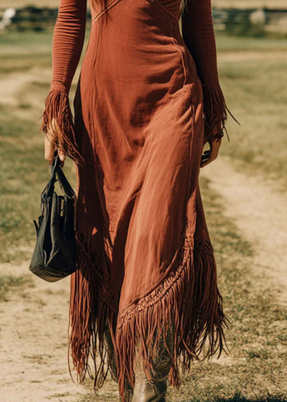 Art Brick Red V Neck Tassel Patchwork Cotton Dresses Fall