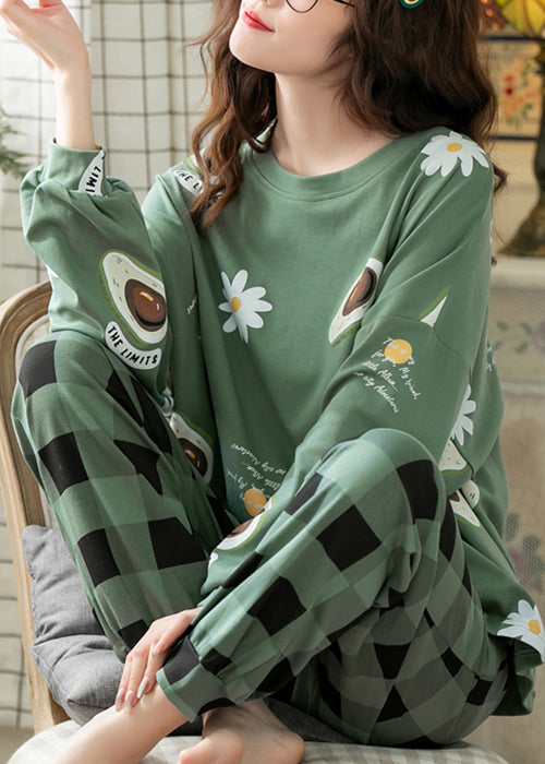 Green Print T Ahirt and Plaid Pants Cotton Pajamas Two Pieces Set Fall