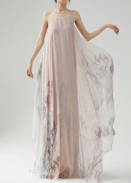 Pink Wrinkled Print Silk Spaghetti Strap Dress Sleeveless