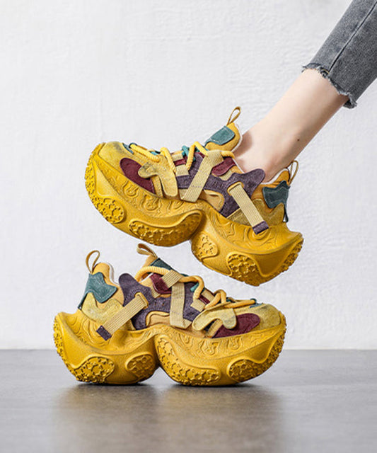 Yellow Platform Shoes Suede Splicing Lace Up