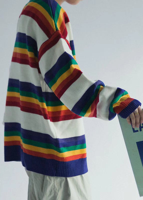 White Striped Cozy Knit Sweaters O Neck Winter