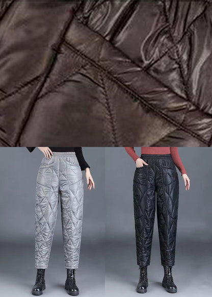 Simple Coffee Pockets Thick High Waist Fine Cotton Filled Harem Pants
