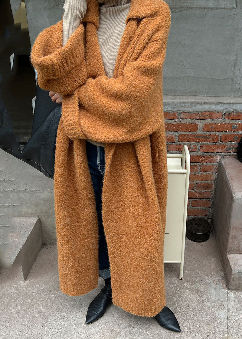 Yellow Peter Pan Collar Tie Waist Cozy Cotton Knit Cardigan Long Sleeve Fall