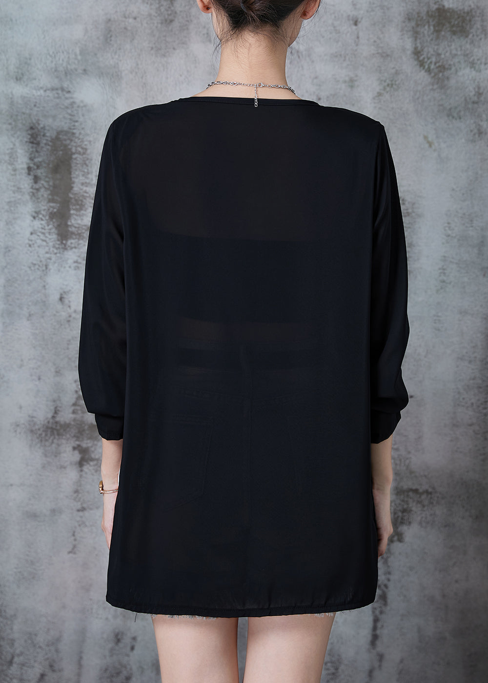 Modern Black U-neck Patchwork Chiffon Fake Two Piece Top Fall