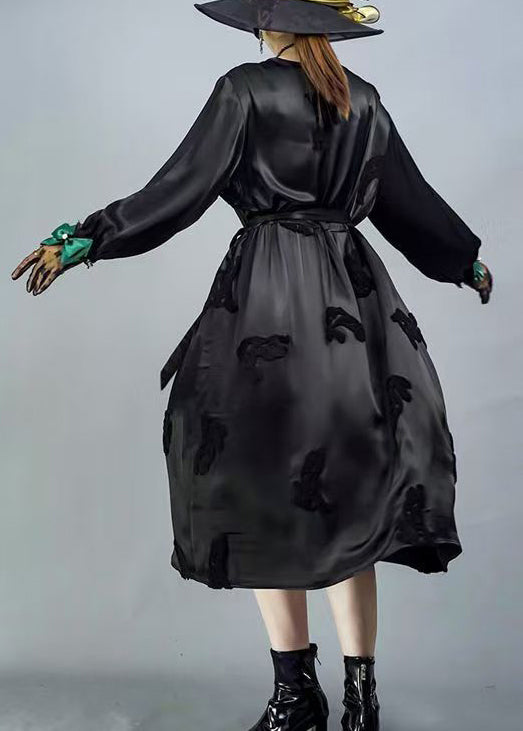 Red O-neck Tie Waist Silk Dresses Spring